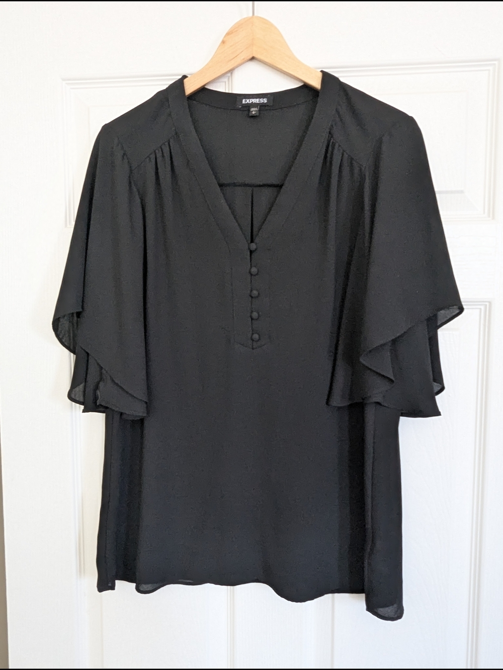 Express Black Flutter-Sleeve V-Neck Blouse with Covered Buttons